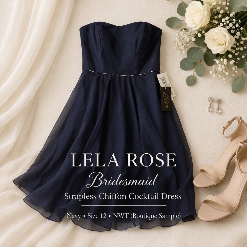 Lela Rose Bridesmaid Strapless Chiffon Cocktail Dress Navy Size 12 NWT